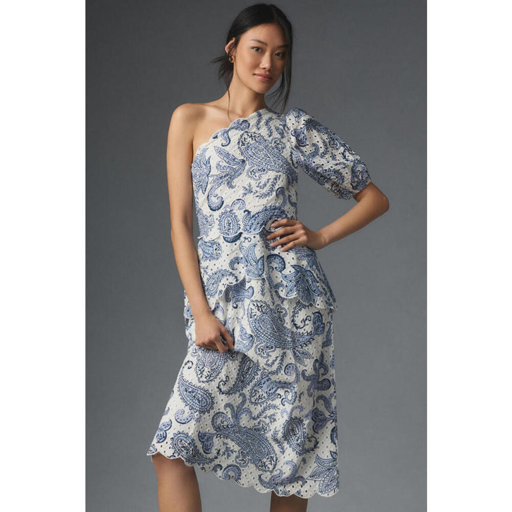FARM Rio One Shoulder Dress in Blue and White Paisley